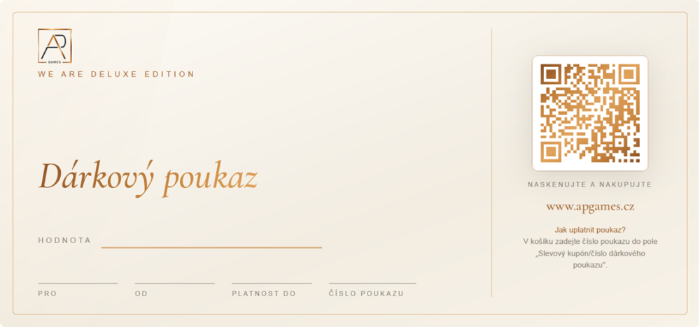 Dárkový poukaz AP games s poli pro hodnotu, komu, od koho, platnost a číslo poukazu