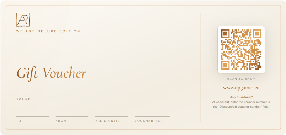 AP games gift voucher, with fields for value, recipient, sender, expiry date and voucher number